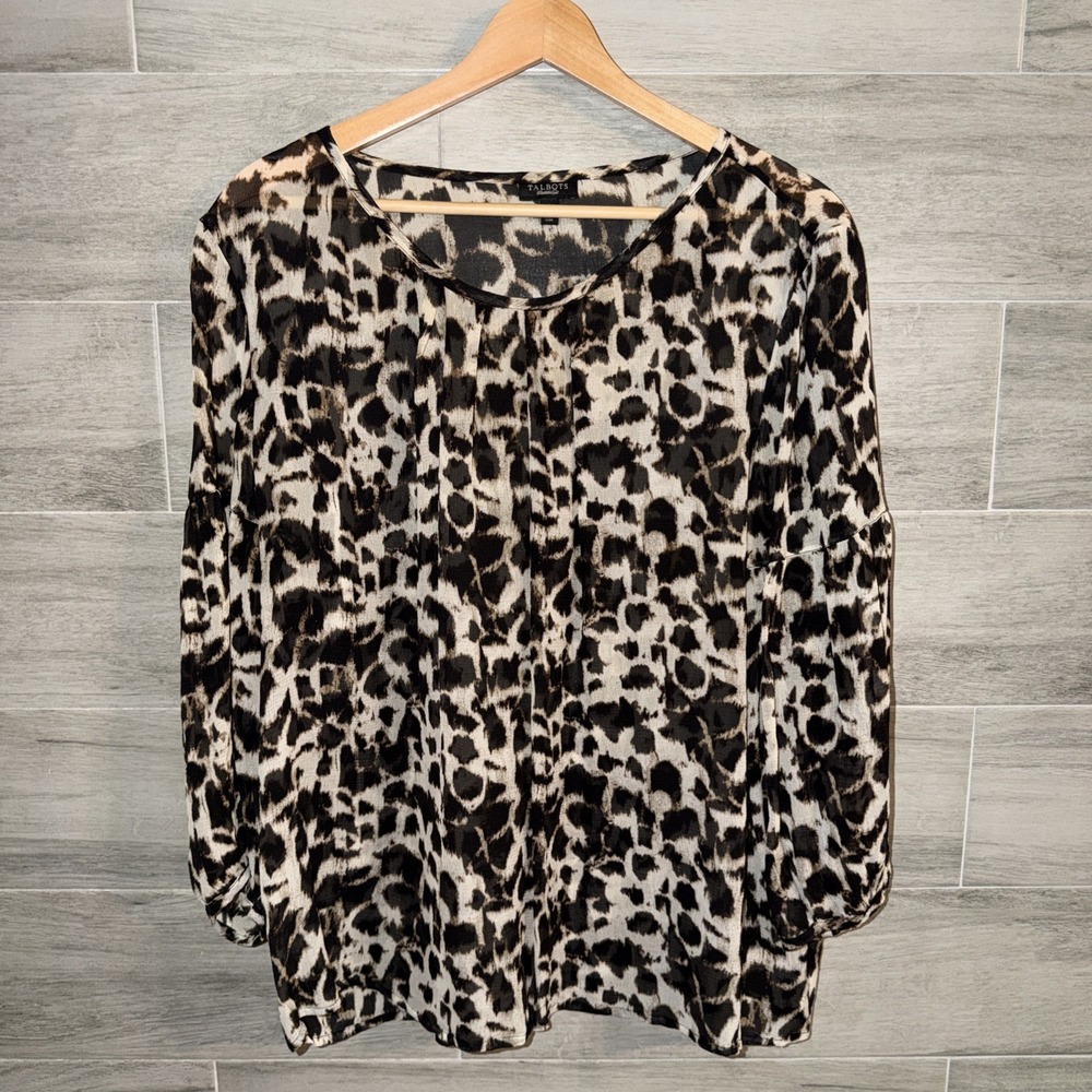 Talbots 100% Silk Popover Blouse Woman's Size 16 Black Brown 3/4 Sleeves